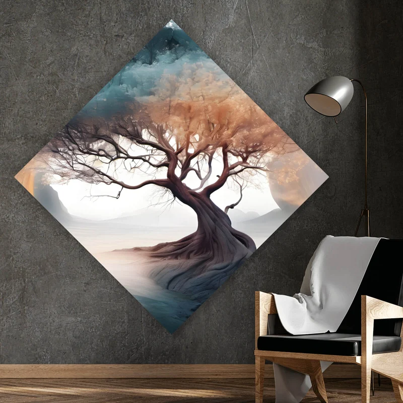 Aluminiumbild Surrealer Baum im Nebel Raute