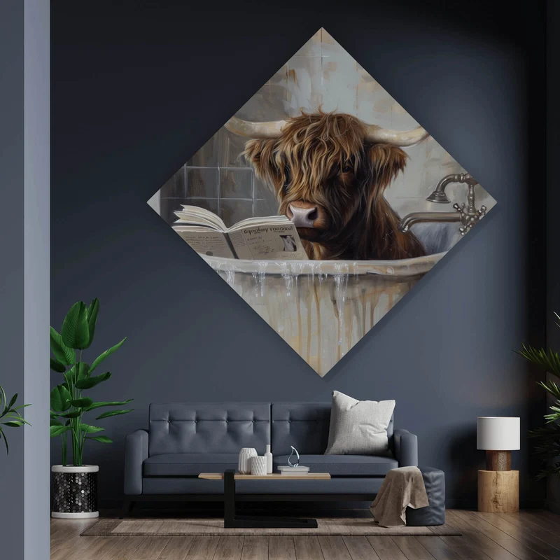 Acrylglasbild Lesendes Hochland Rind in der Badewanne Raute