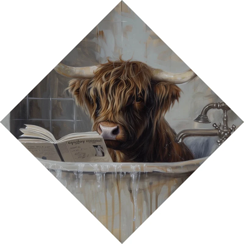 Acrylglasbild Lesendes Hochland Rind in der Badewanne Raute