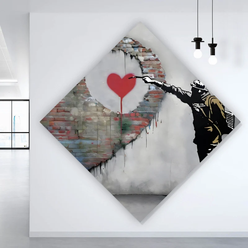 Spannrahmenbild Banksy großes Herz Street Art Raute