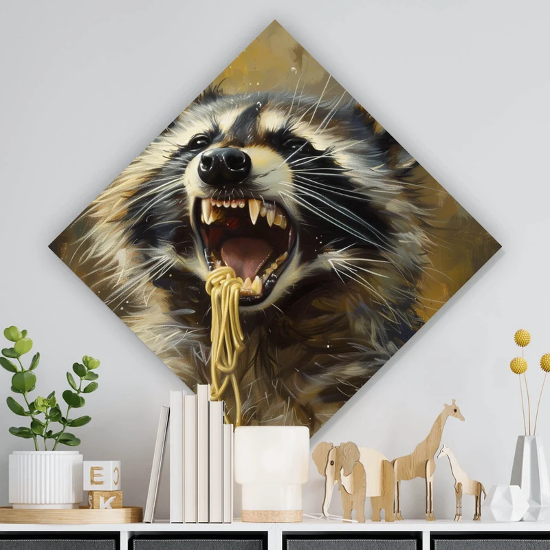 Leinwandbild Waschbär beim Essen im Vintagestil Raute