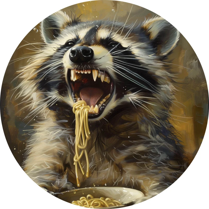 Aluminiumbild gebürstet Waschbär beim Essen im Vintagestil Kreis