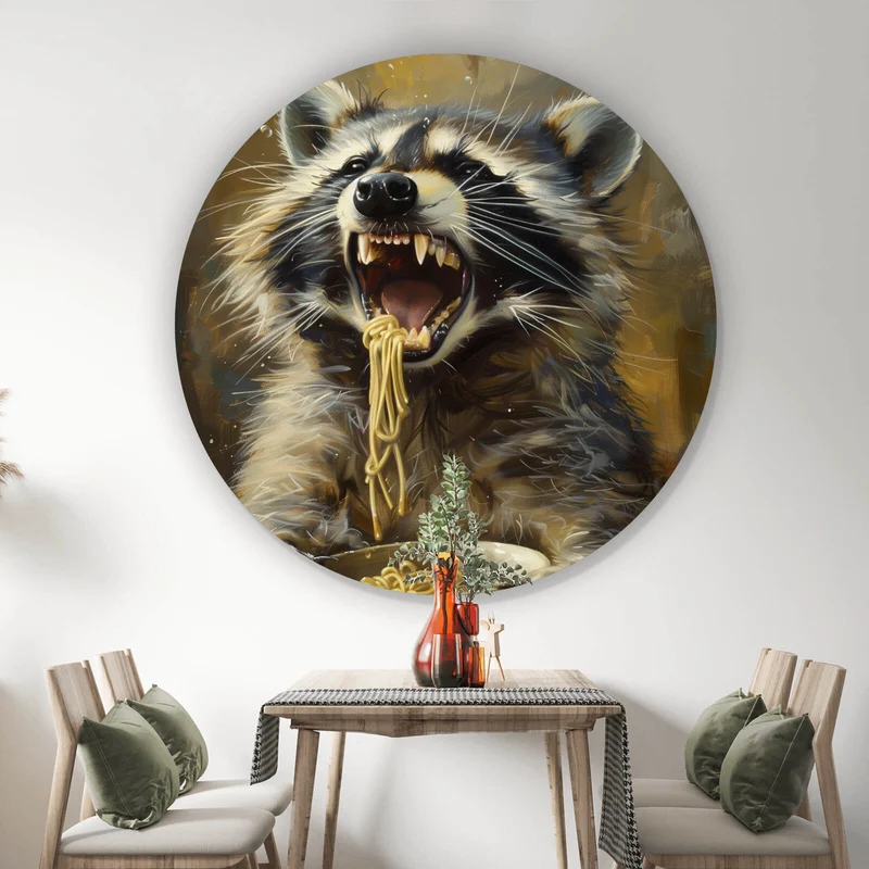 Aluminiumbild Waschbär beim Essen im Vintagestil Kreis