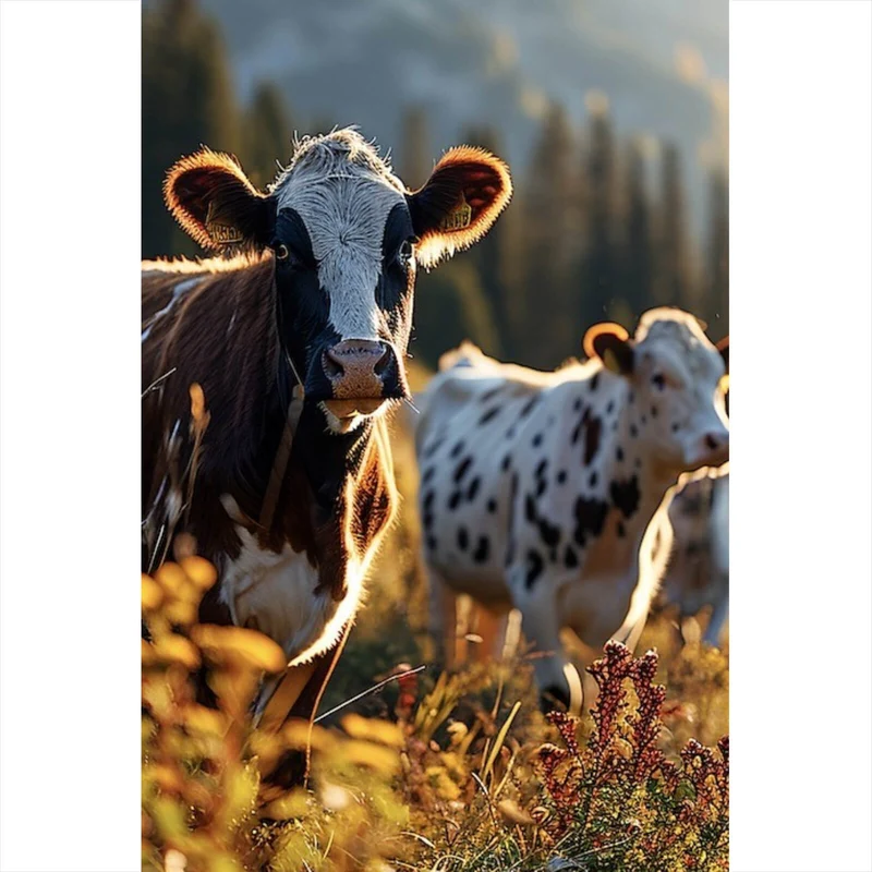 Leinwandbild Kühe grasen friedlich auf sonniger Bergwiese Hochformat