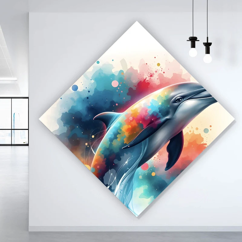 Aluminiumbild Farbenfroher Delfin springt durch bunte Grafik Raute