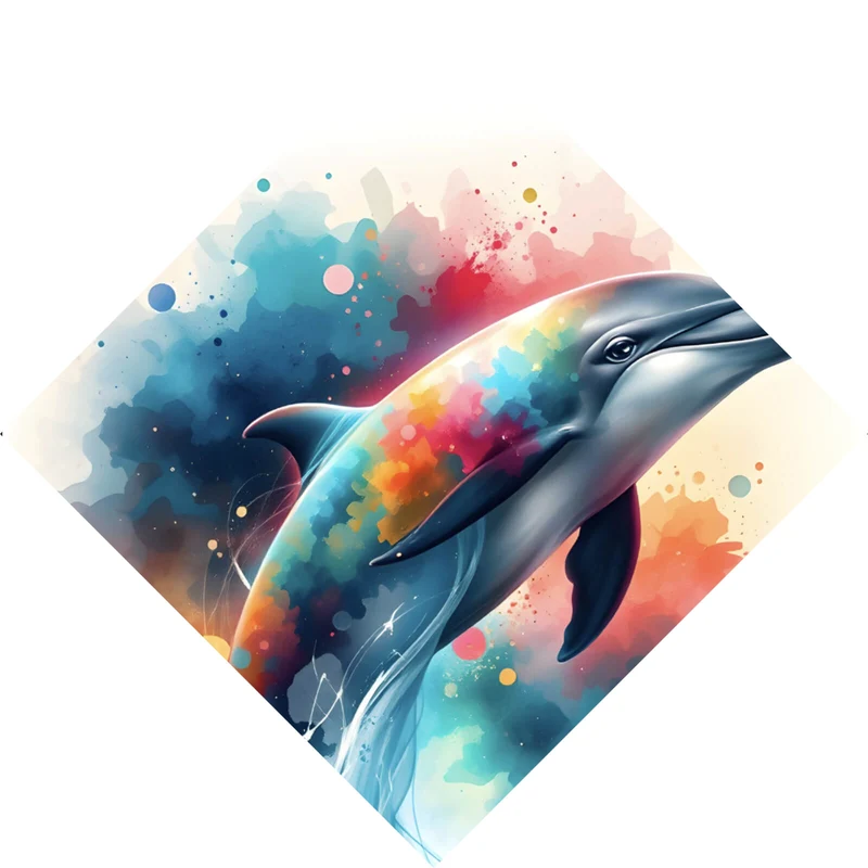 Leinwandbild Farbenfroher Delfin springt durch bunte Grafik Raute
