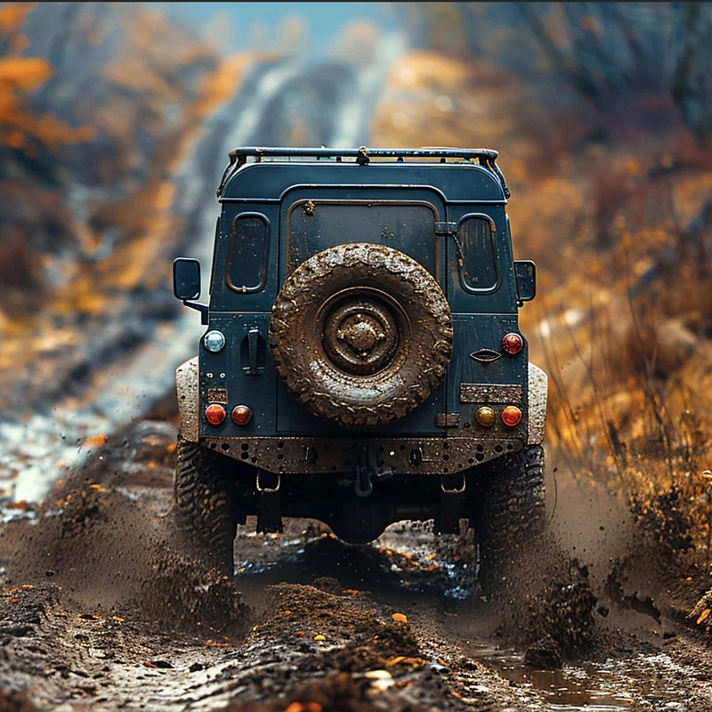 Poster Geländewagen fährt auf schlammigen Waldweg Quadrat