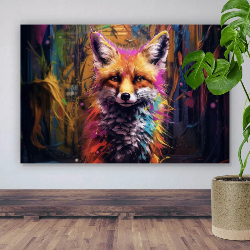 Aluminiumbild gebürstet Bunter Fuchs im Fantasieland Querformat