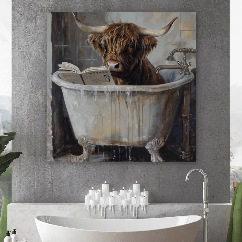 Leinwandbild Lesendes Hochland Rind in der Badewanne Quadrat