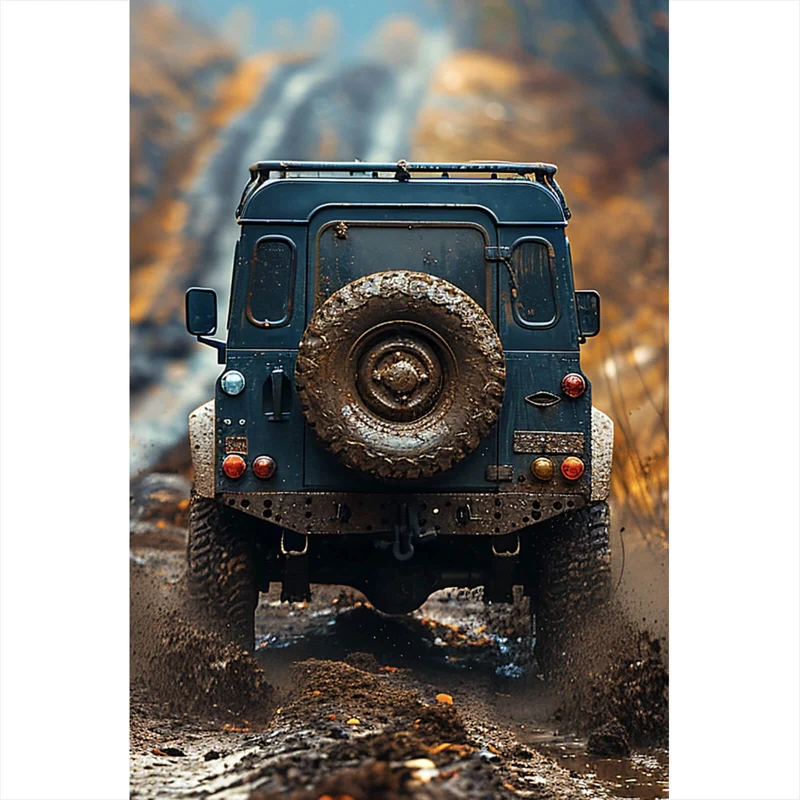 Aluminiumbild Geländewagen fährt auf schlammigen Waldweg Hochformat