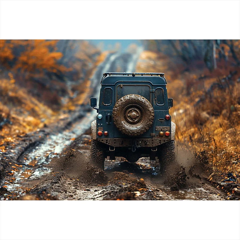 Spannrahmenbild Geländewagen fährt auf schlammigen Waldweg Querformat