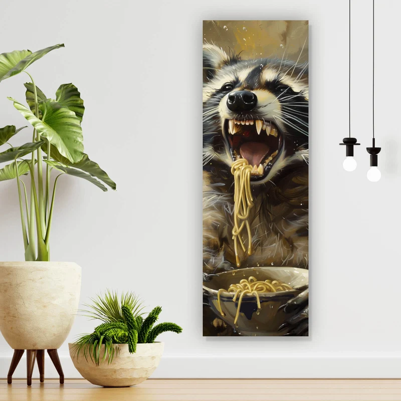 Aluminiumbild gebürstet Waschbär beim Essen im Vintagestil Panorama Hoch