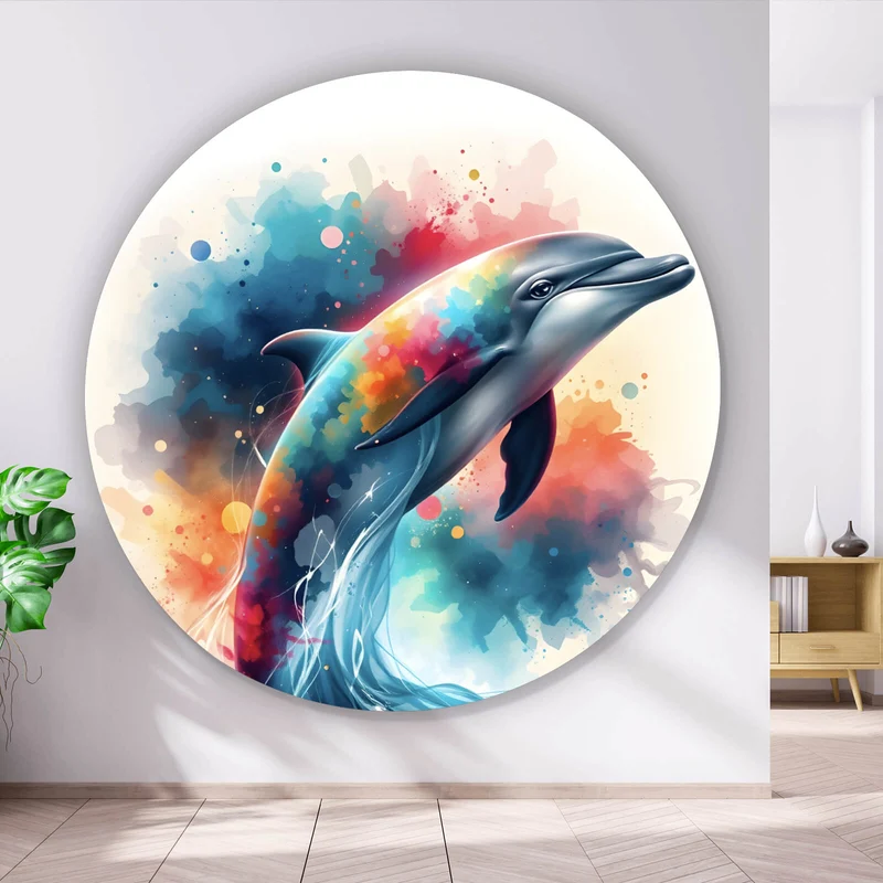 Aluminiumbild gebürstet Farbenfroher Delfin springt durch bunte Grafik Kreis