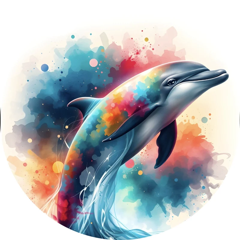 Aluminiumbild gebürstet Farbenfroher Delfin springt durch bunte Grafik Kreis
