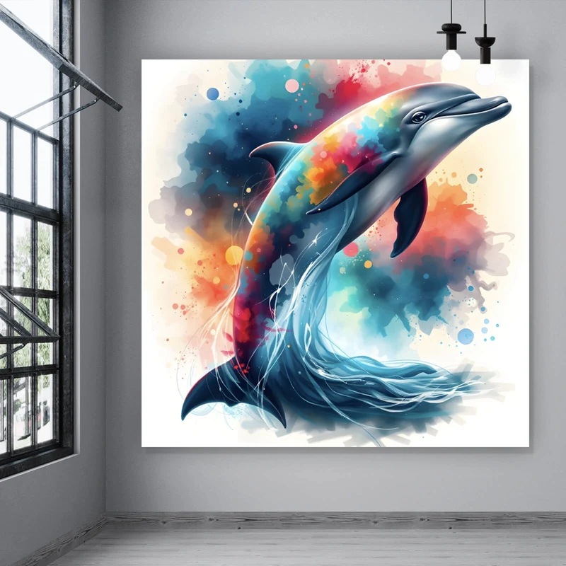 Acrylglasbild Farbenfroher Delfin springt durch bunte Grafik Quadrat