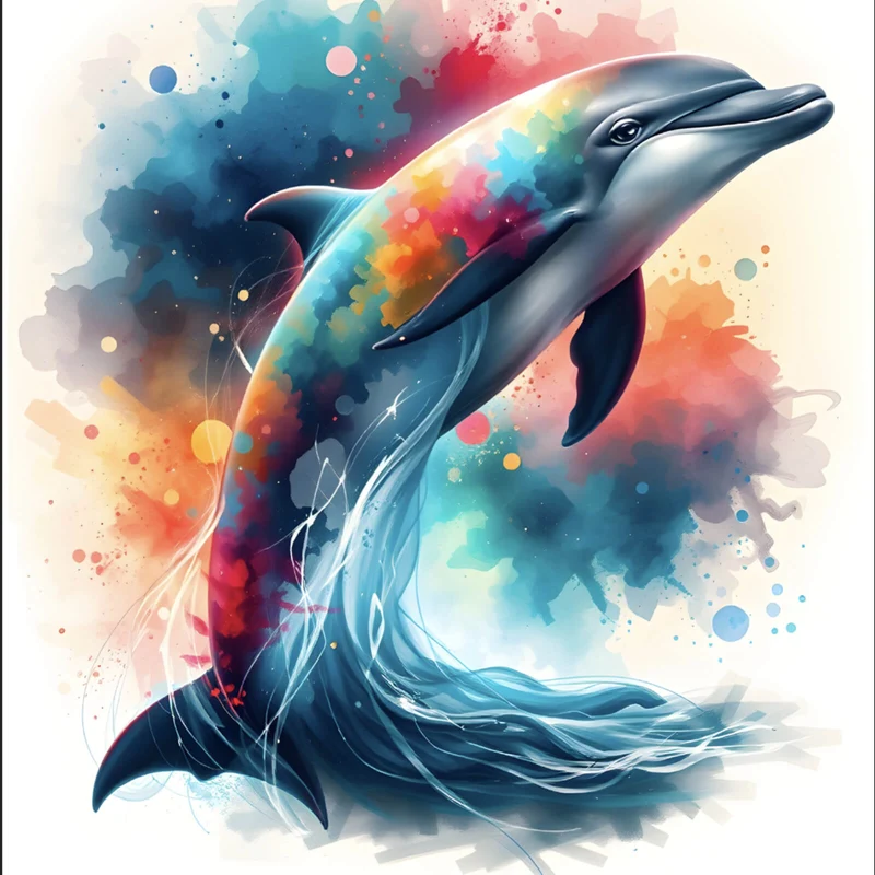 Aluminiumbild Farbenfroher Delfin springt durch bunte Grafik Quadrat