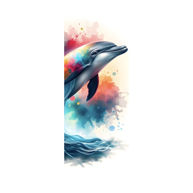 Spannrahmenbild Farbenfroher Delfin springt durch bunte Grafik Panorama Hoch
