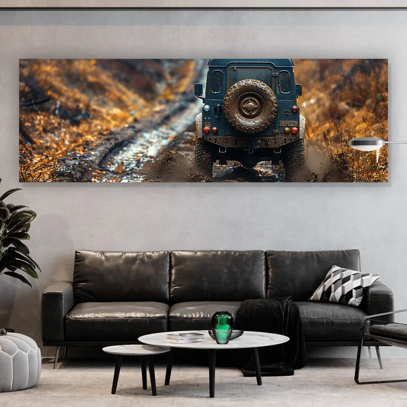 Acrylglasbild Geländewagen fährt auf schlammigen Waldweg Panorama