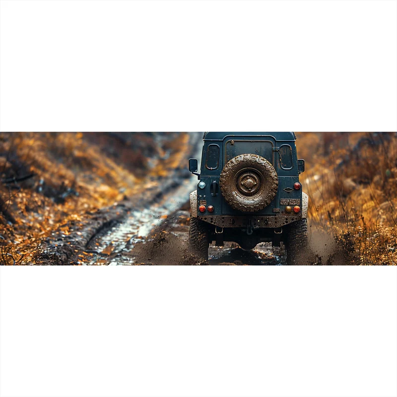 Aluminiumbild gebürstet Geländewagen fährt auf schlammigen Waldweg Panorama