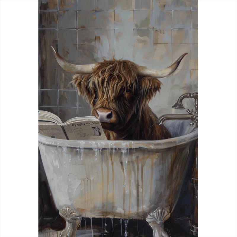 Leinwandbild Lesendes Hochland Rind in der Badewanne Hochformat