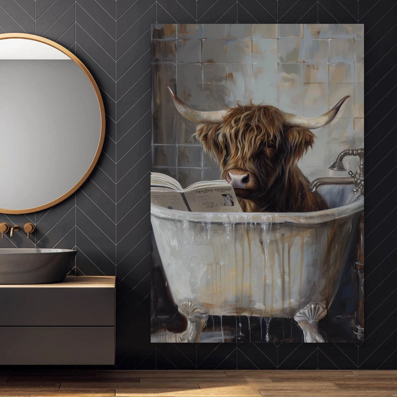 Poster Lesendes Hochland Rind in der Badewanne Hochformat