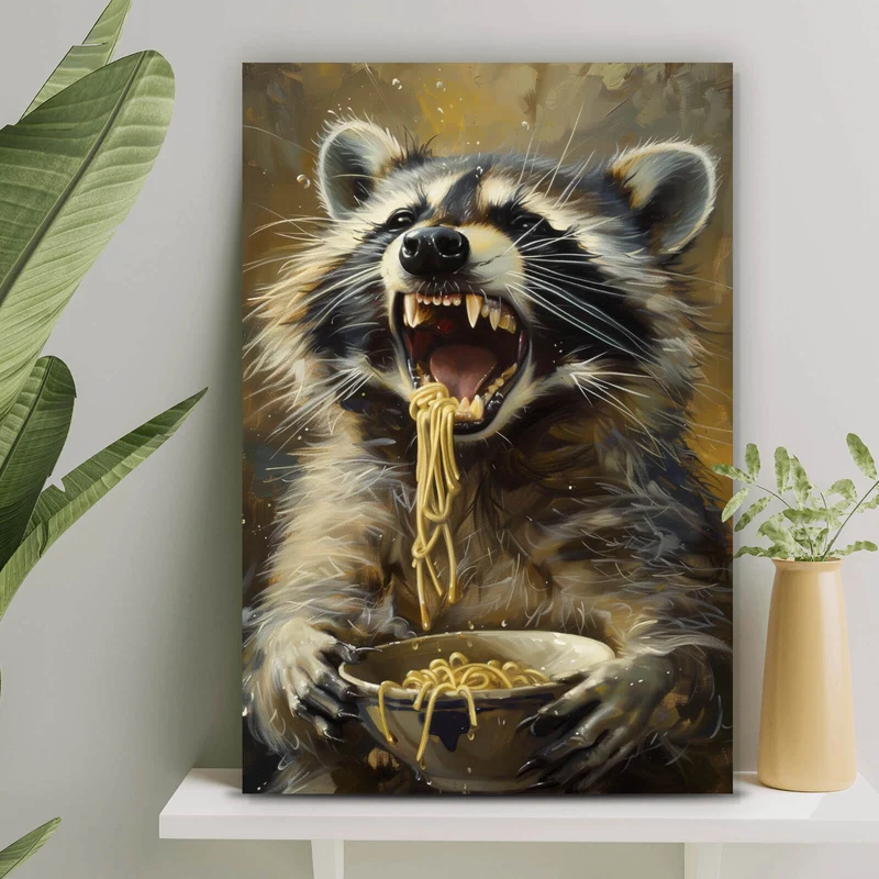 Leinwandbild Waschbär beim Essen im Vintagestil Hochformat