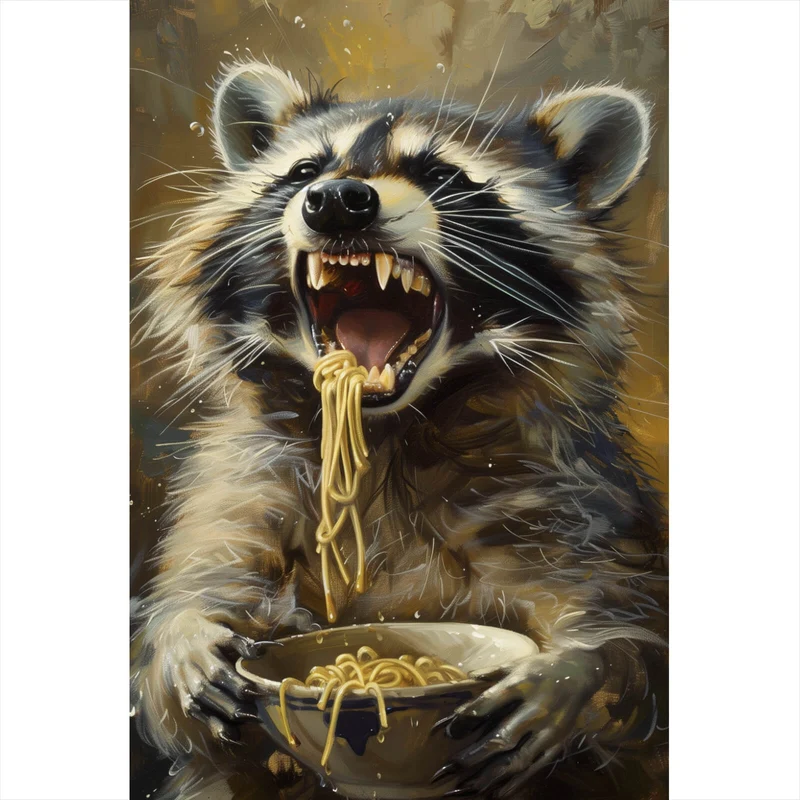 Leinwandbild Waschbär beim Essen im Vintagestil Hochformat