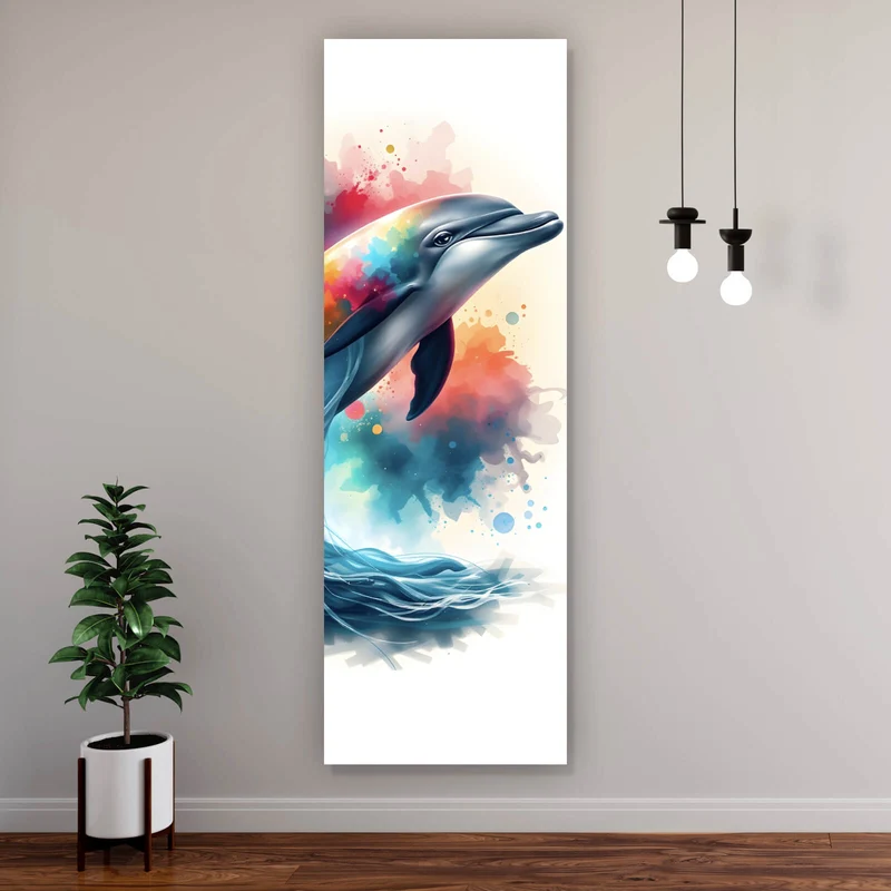 Poster Farbenfroher Delfin springt durch bunte Grafik Panorama Hoch
