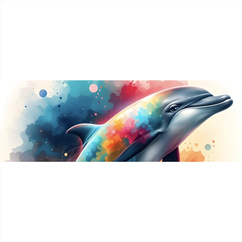 Aluminiumbild Farbenfroher Delfin springt durch bunte Grafik Panorama