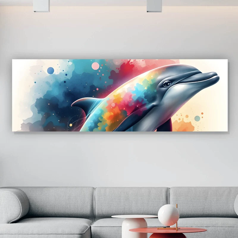 Leinwandbild Farbenfroher Delfin springt durch bunte Grafik Panorama