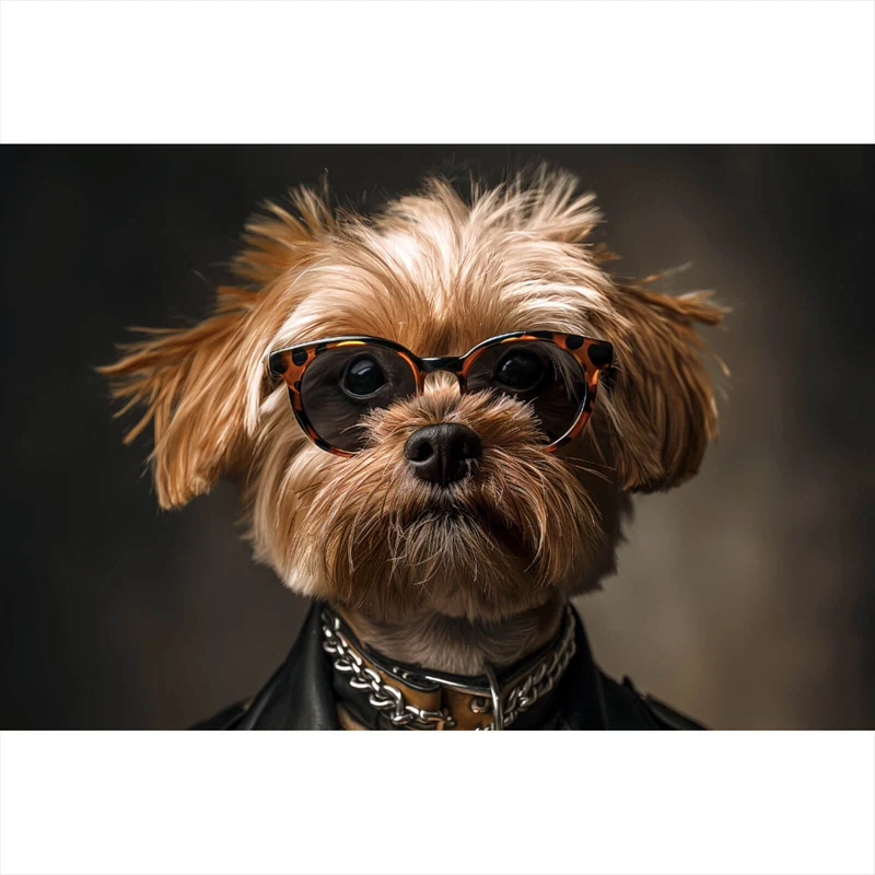 Poster Cooler kleiner Hund mit Lederjacke und Brille Querformat