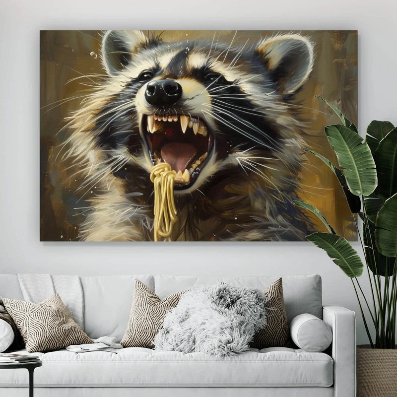Poster Waschbär beim Essen im Vintagestil Querformat