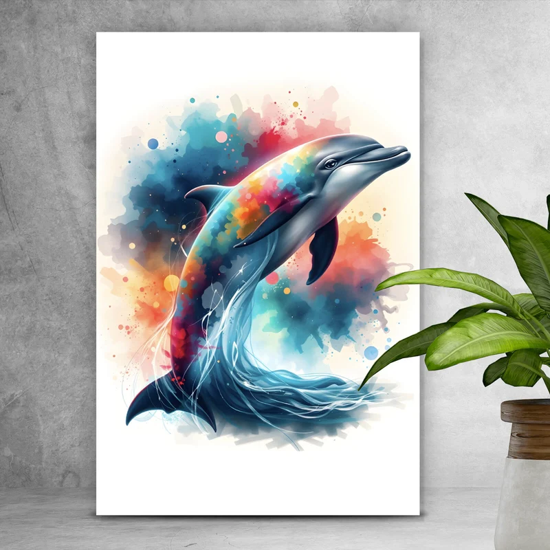 Leinwandbild Farbenfroher Delfin springt durch bunte Grafik Hochformat