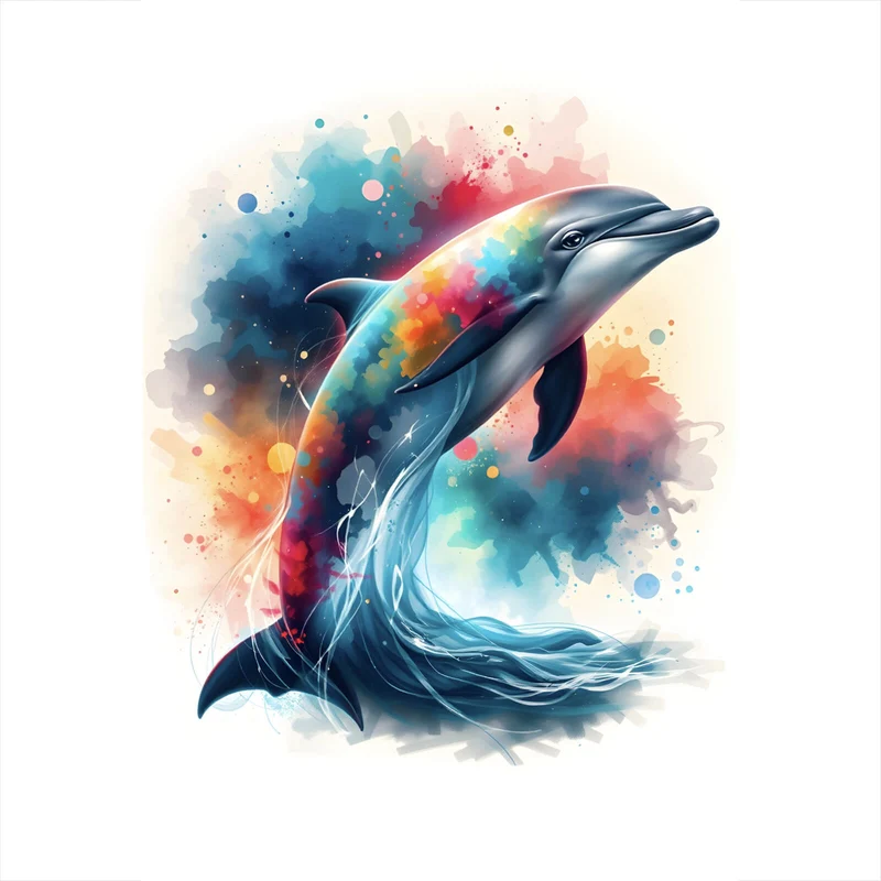 Poster Farbenfroher Delfin springt durch bunte Grafik Hochformat