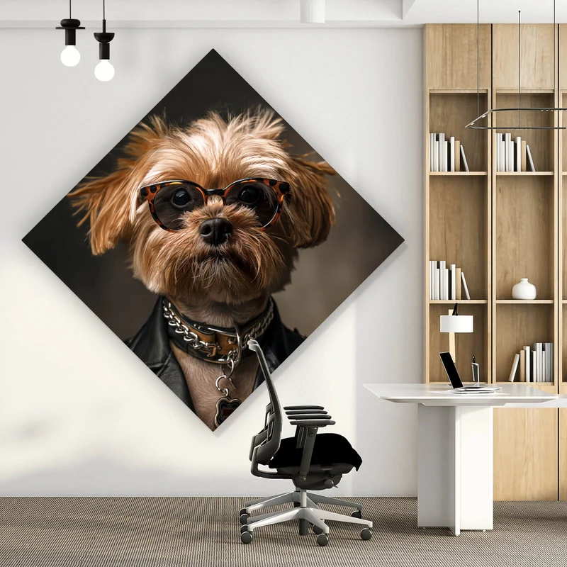 Spannrahmenbild Cooler kleiner Hund mit Lederjacke und Brille Raute