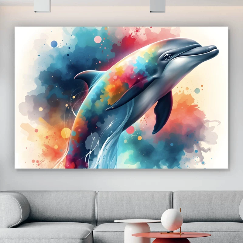 Aluminiumbild Farbenfroher Delfin springt durch bunte Grafik Querformat