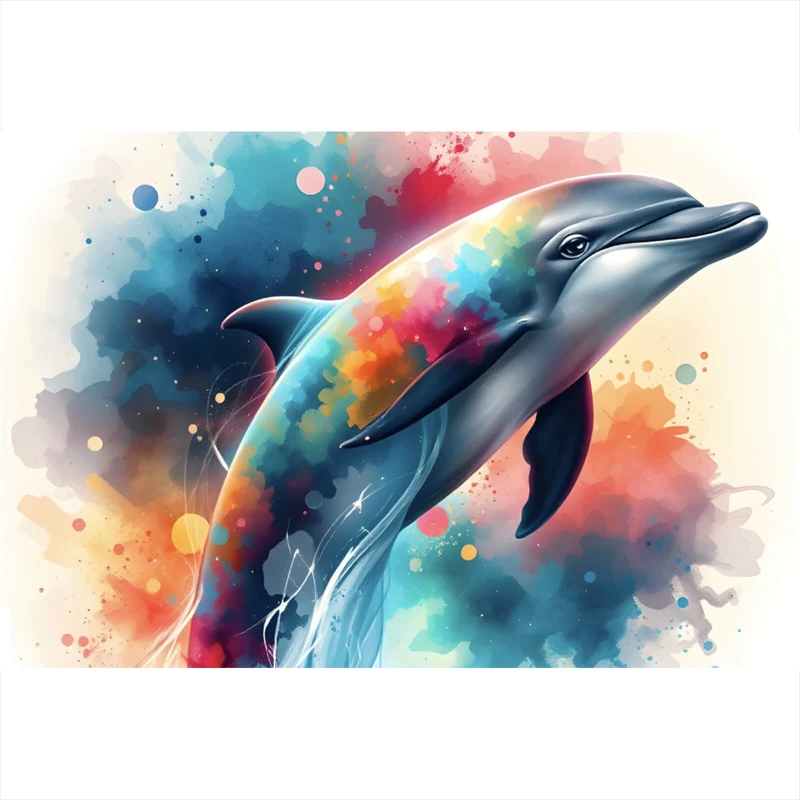 Leinwandbild Farbenfroher Delfin springt durch bunte Grafik Querformat