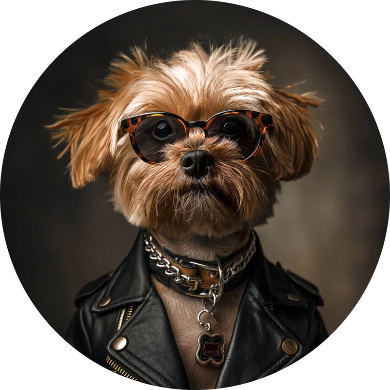 Aluminiumbild Cooler kleiner Hund mit Lederjacke und Brille Kreis