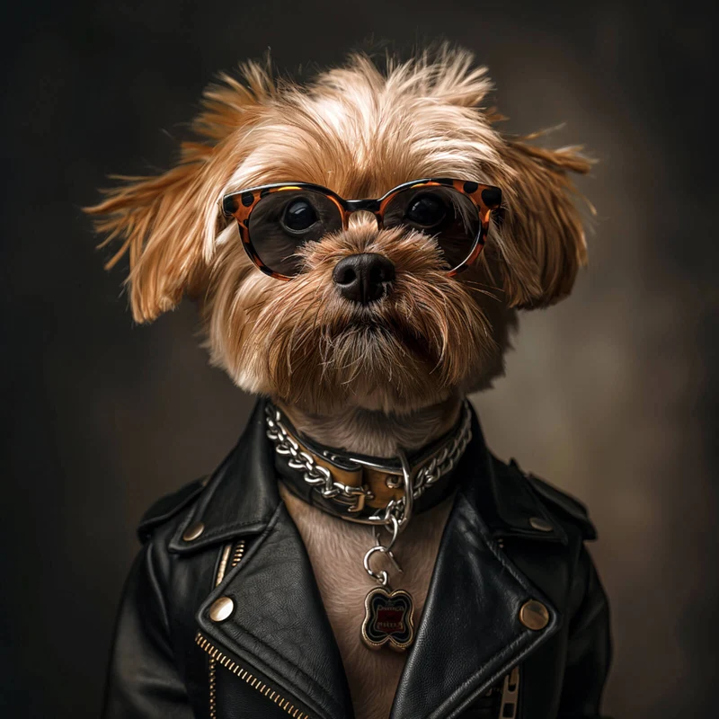 Leinwandbild Cooler kleiner Hund mit Lederjacke und Brille Quadrat
