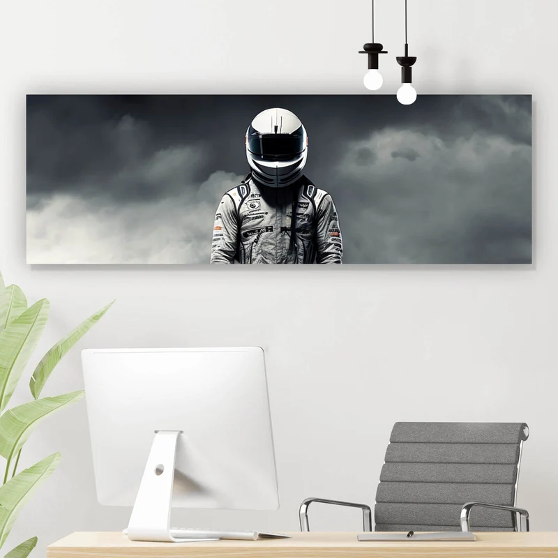 Poster Rennfahrer vor Auto auf nasser Rennstrecke Panorama