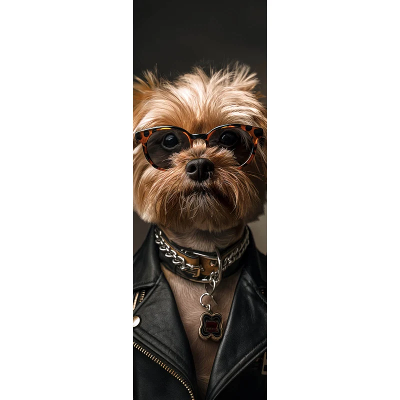 Aluminiumbild Cooler kleiner Hund mit Lederjacke und Brille Panorama Hoch
