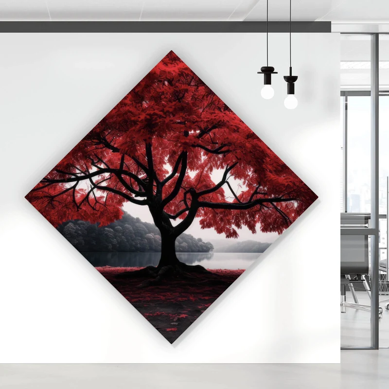 Aluminiumbild gebürstet Roter Baum an mystischem See Raute