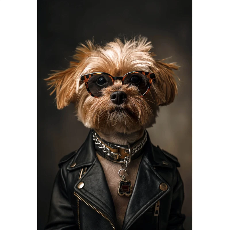 Acrylglasbild Cooler kleiner Hund mit Lederjacke und Brille Hochformat