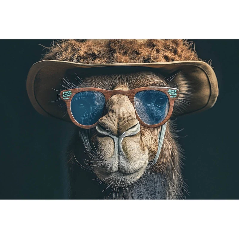 Leinwandbild Kamel mit Hut und Sonnenbrille Querformat