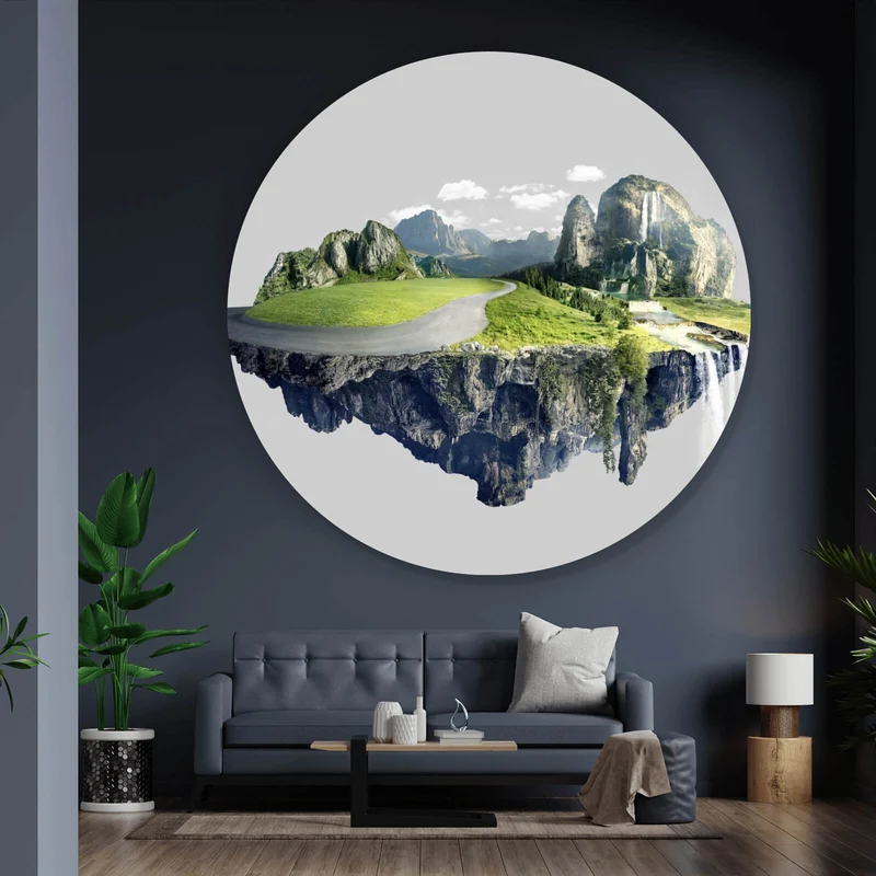 Aluminiumbild Schwebende Insel mit Wasserfällen und Bergen Kreis
