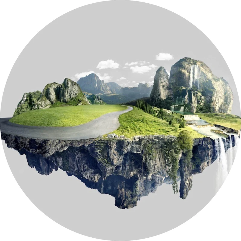 Aluminiumbild Schwebende Insel mit Wasserfällen und Bergen Kreis