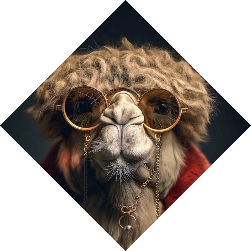 Spannrahmenbild Stylisches Kamel mit Brille und rotem Mantel Raute