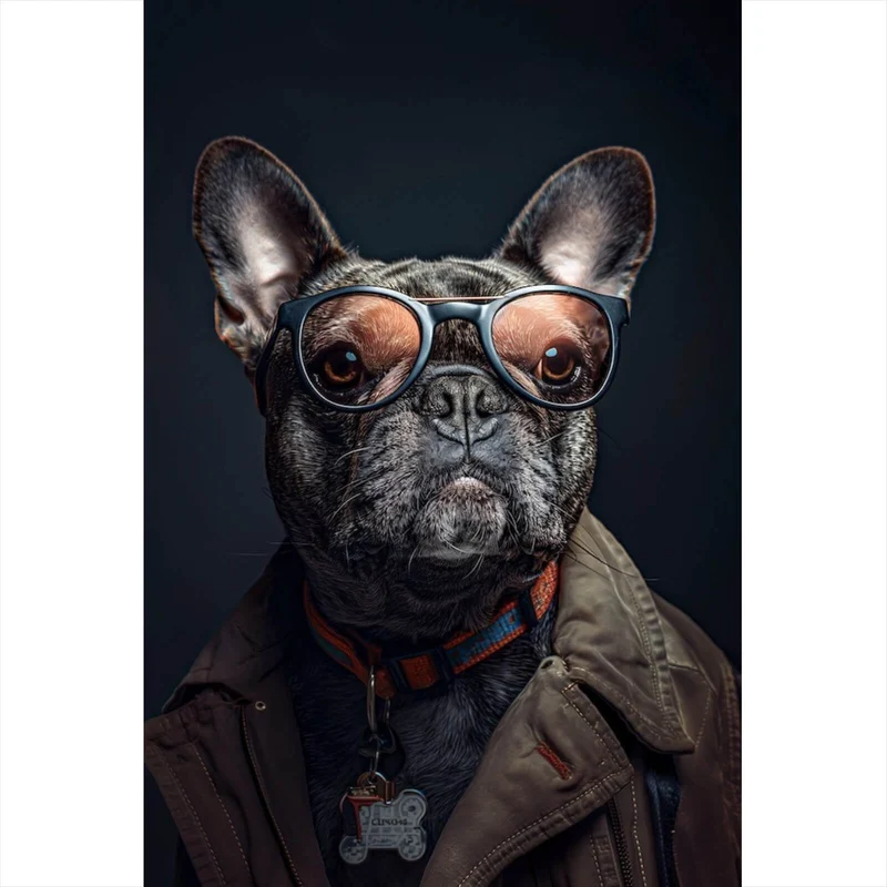 Leinwandbild Coole Bulldogge mit Brille und Jacke Hochformat