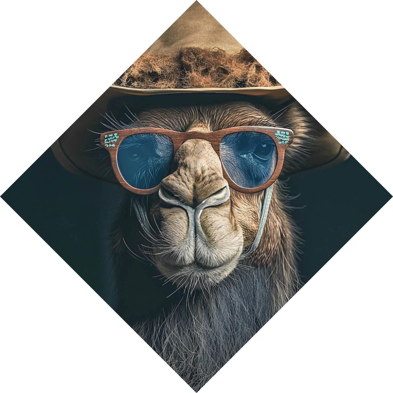 Leinwandbild Kamel mit Hut und Sonnenbrille Raute