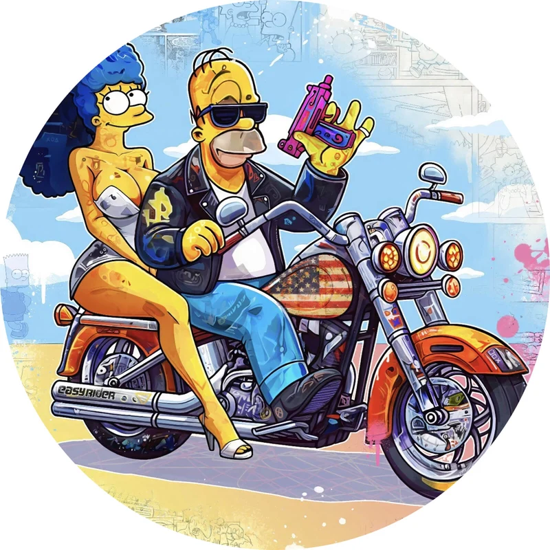 Aluminiumbild gebürstet Cartoon Paar auf Motorrad farbenfrohe Illustration Kreis